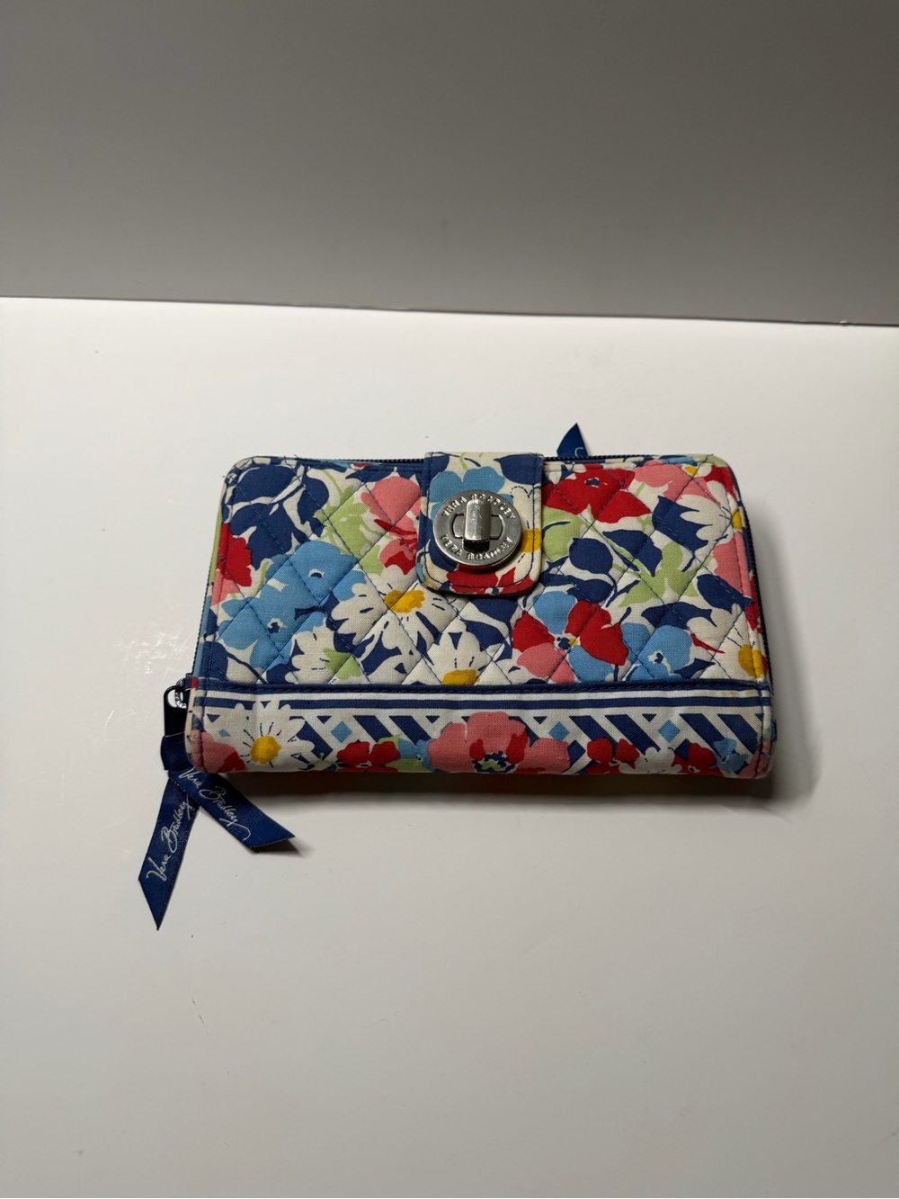 Vera Bradley Blue Red Floral Turn Lock  Wallet 8" x 4.5” Closed